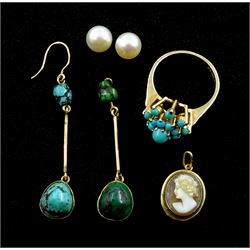 Pair of gold turquoise pendant earrings, stamped 9ct, gold turquoise ring hallmarked 9ct, pair of white/pink pearl stud earrings and a gold cameo pendant stamped 14K