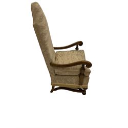 18th century design Continental walnut framed armchair, high shaped back, scroll arms