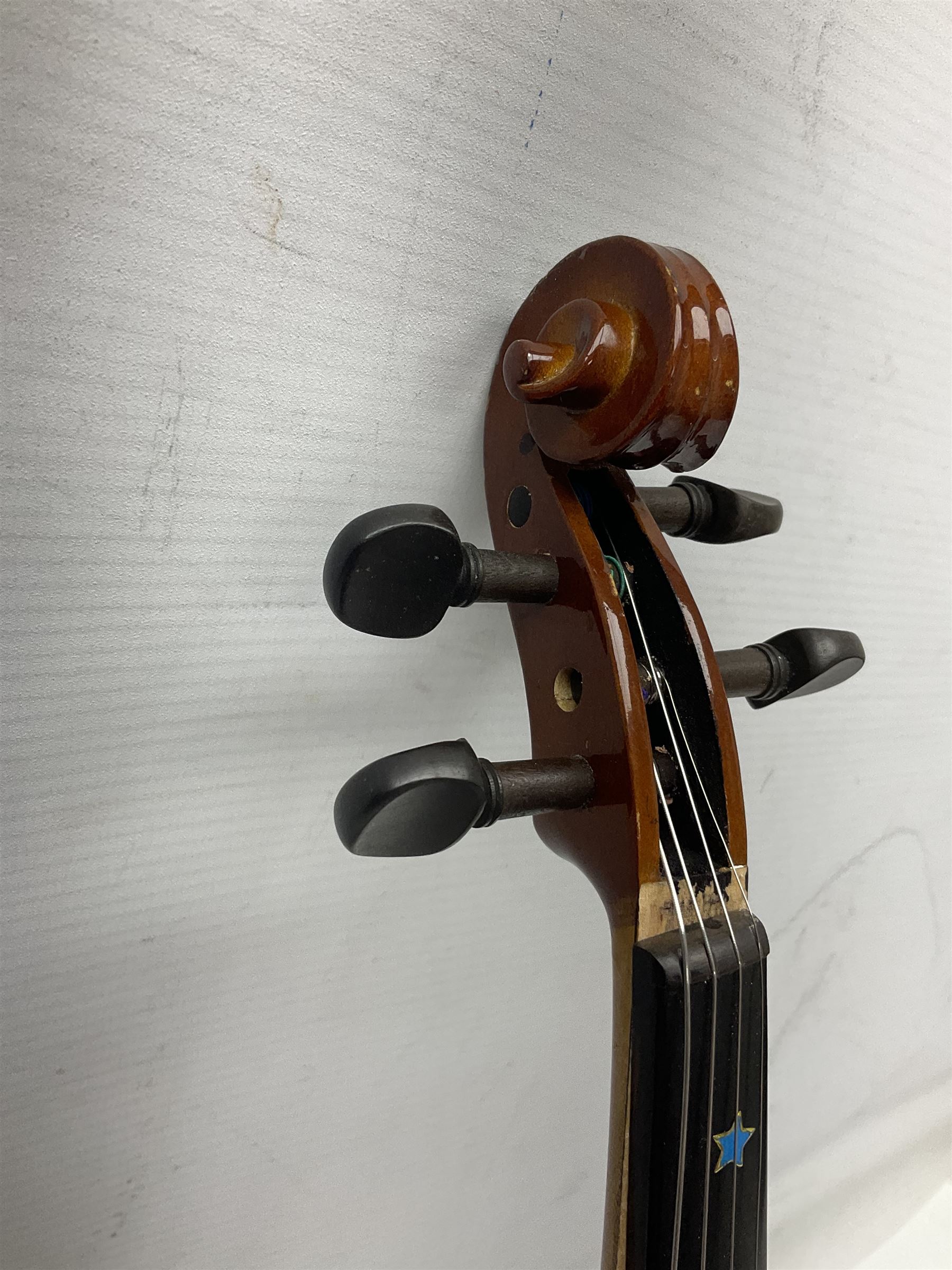 Three Stentor Student violins - three-quarter size with 33cm two-piece back; and two quarter size each with 28cm two-piece back; each in carrying case with bow (3)