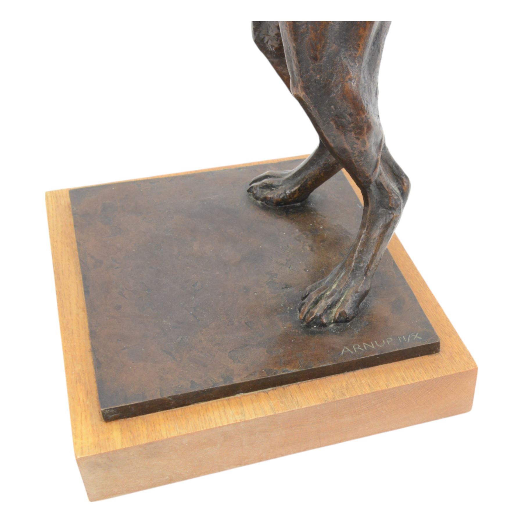 Sally Arnup FRBS, ARCA (1930-2015): Boxer dog with squirrel, bronze, signed and numbered II/X, upon square wooden plinth, H71cm