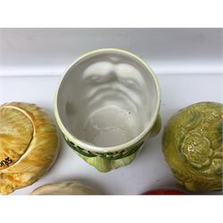 Collection of mostly Sylvac kitchen storage jar face pots, including piccalilli, chutney, tomato and bread sauce, tallest H15.5cm