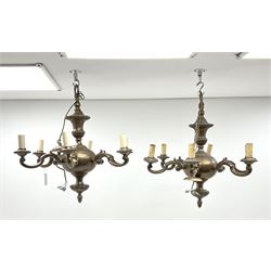 A pair of bronzed six branch chandeliers of Dutch 17th century style, each with bulbous knopped column, hung with scrolling branches and dish pans, H66cm.