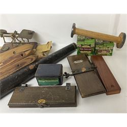 Brass telescope, together with various other collectables, to include mosley tie press, metal tins, oil cans etc 