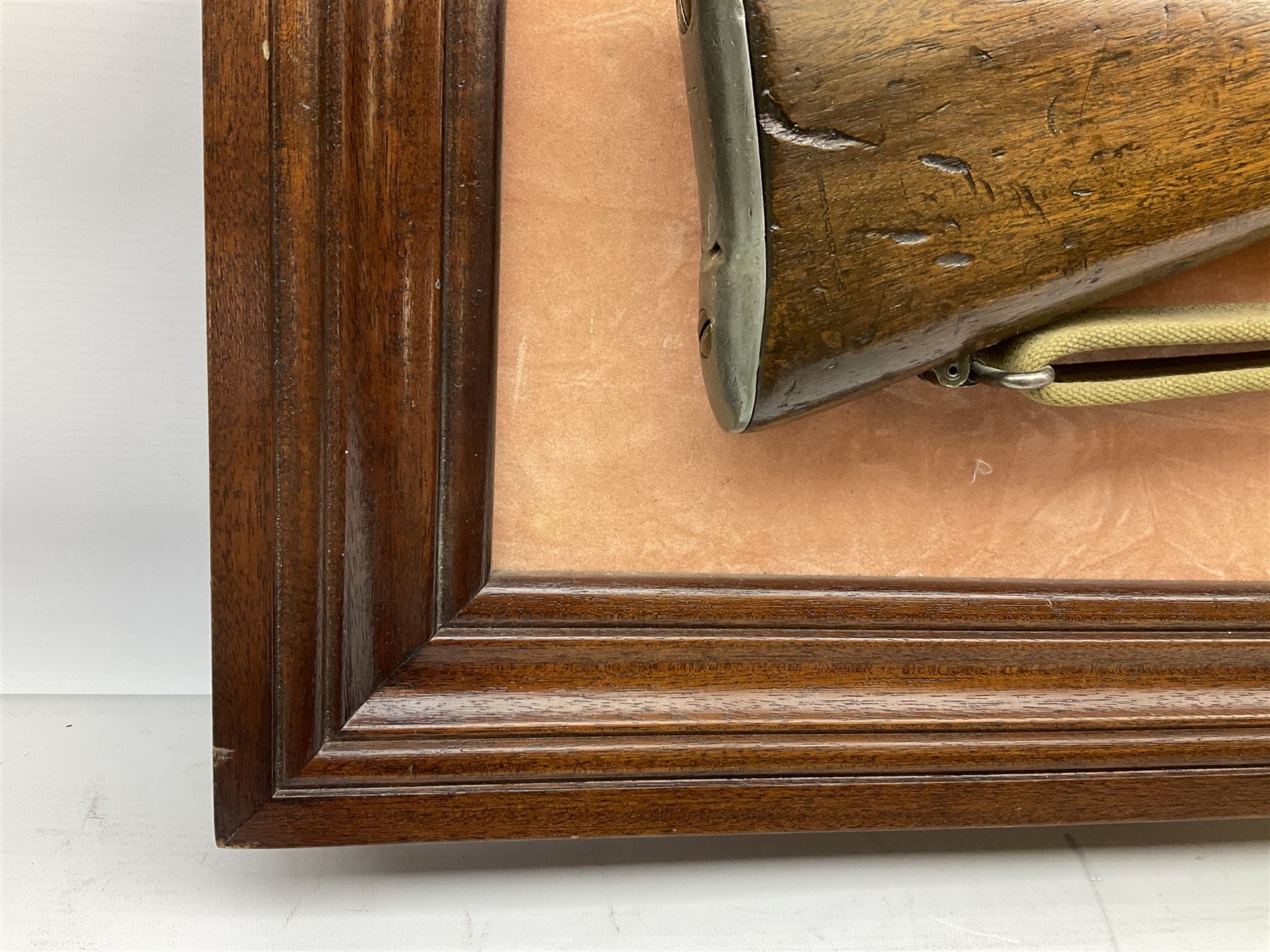 WW2 Lee Enfield No.4 Mk.1 .303 bolt-action rifle with hinged butt compartment, made by SA Ltd., Long Branch, Canada 1942, serial no.5L0646 L113cm; mounted on a framed display board with No.4 Mk.II spike bayonet, No.9 Mk.1 blade bayonet, two inert 5-round clips and brass biographical plaque by Antler Military Originals detailing DA Cert No.C3444 OLD STYLE DEACTIVATION SO FIREARMS CERTIFICATE REQUIRED OR RFD