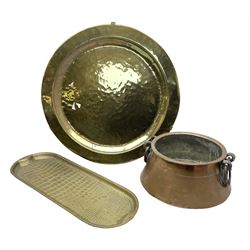 Copper pot with twin iron handles, large heavy planished brass charger and brass crocodile tray, charger D59cm