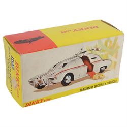 Two Dinky Toys diecast Captain Scarlet vehicles, comprising Spectrum Patrol Car no. 103, with red metallic body, white base, blue tinted windows and silver trim and Maximum Security Vehicle no. 105, the white body with red stripes and base, chrome trim and cast spun hubs, with radiation box, both boxed