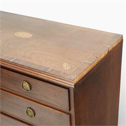 George III crossbanded mahogany chest, rectangular top with crossbanded edge and oval satinwood medallion, two short over three long graduated drawers with brass swan neck handles, raised on shaped bracket feet