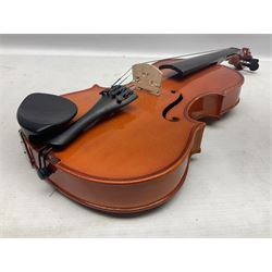 Stentor Student violin with 36cm two-piece back and spruce top, bears label 'The Stentor Student II No.1117807' L59cm; and another similar student's violin by Palatino (2)