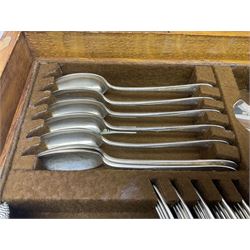 Mappin & Webb silver plated canteen of cutlery, the oak case with hinged lid two two removable trays, and sunken brass handles, H19cm, L52cm