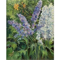 Catherine Tyler (British 1949-): Delphiniums in the Garden, oil on canvas signed and dated 2013, 76cm x 61cm (unframed)