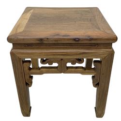 Early 19th century Chinese Qing dynasty jichimu wood stool or side table, Shanxi province, panelled square top, shaped upper rail carved with scrolls, on square supports with hoof feet 