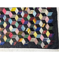 19th Century silk and satin tumbling blocks pattern patchwork quilt with black border 228cm X 196cm