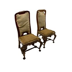 Set of four Queen Anne style walnut dining chairs, high back with shaped top rail, shell carved serpentine front rail and shell carved cabriole legs with pad feet joined by an H stretcher, (4)