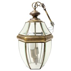 Two light hall lantern in metal and bevelled glass case, drop H64cm