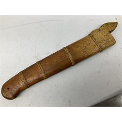 Malaysian parang survival knife the 29cm steel blade with character marks, cane bound teak grip carved with a stylised turtle head to the pommel, with matching teak scabbard L46cm overall