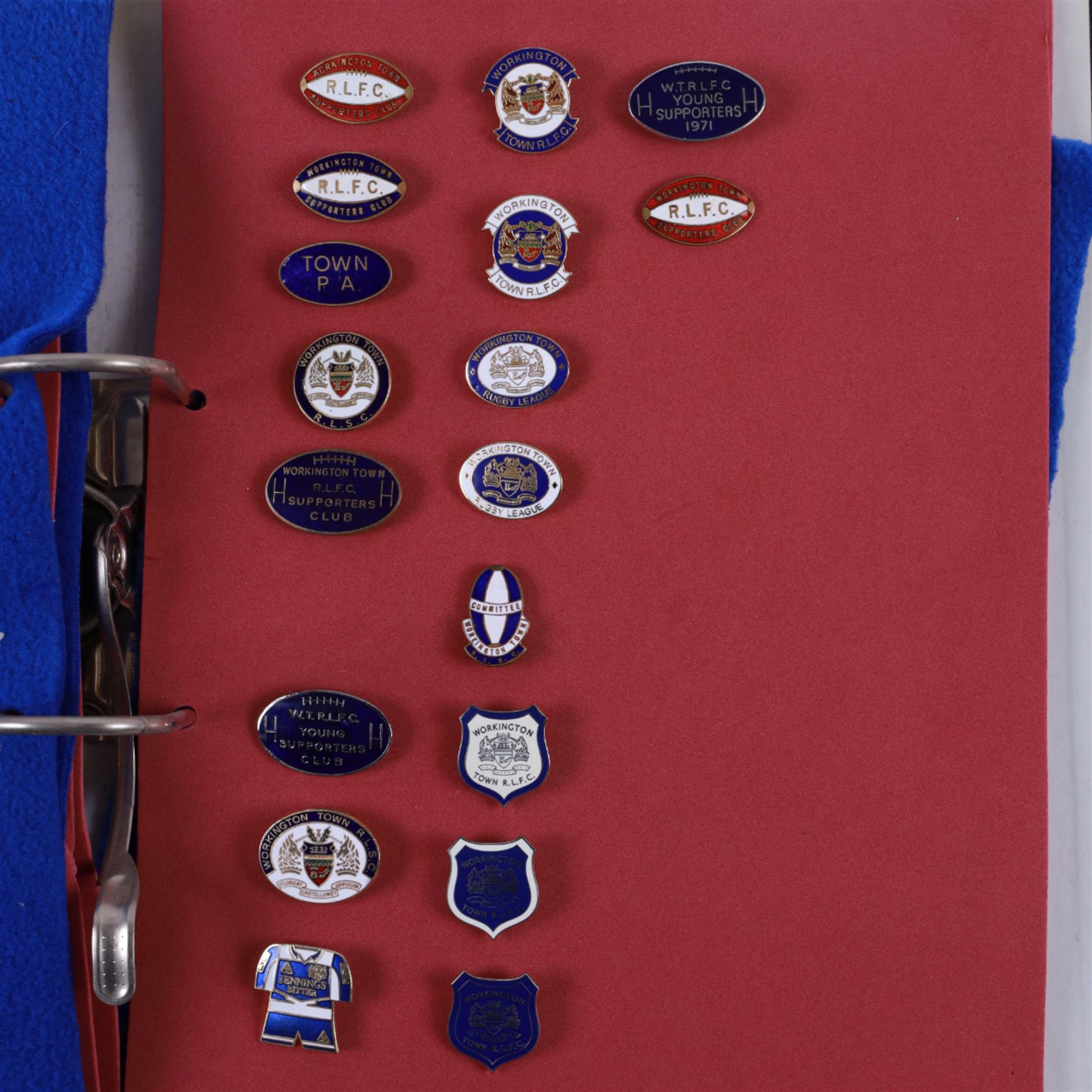Rugby league enamel badge collection, from Swinton Lions, Wakefield Trinity, Warrington Wolves, Whitehaven, Widnes Vikings, Wigan Warriors, Workington Town and York City Knights, including Wigan Wembley and Cup Winners examples, housed in two folders, (approximately 300)