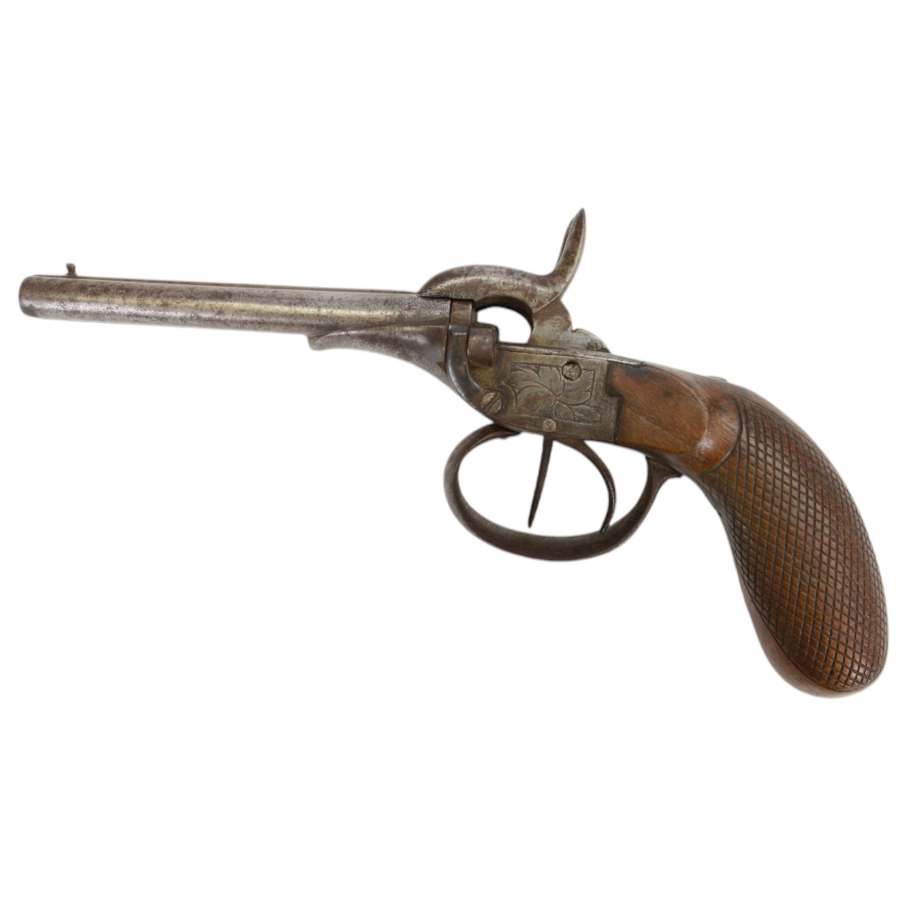 19th century side by side percussion pistol, with double hammers and triggers and foliate engraved action, with chequered and fluted grip, L23cm
Sold as an exempt item under Section 58 (2) of the 1968 Firearms Act, to be held as a curiosity or ornament
