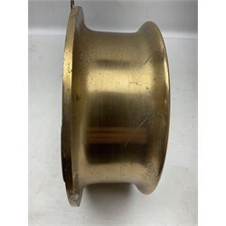 WWII period US Navy Mark I deck clock, the black circular dial with Arabic numerals,  luminous dot markers and subsidiary seconds dial marked 'Mark I Deck Clock U.S. Navy 15211 1941', in bronze bulk head case D20cm; and a Loose-Wiles Biscuit Company octagonal tin decorated with nine different US Warships (2)