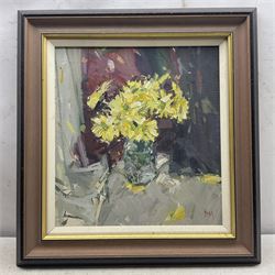 Don McKinlay (British 1929-2017): Yellow Daisies, oil on board signed with initials, indistinctly inscribed and dated 2007 verso 42cm x 38cm 