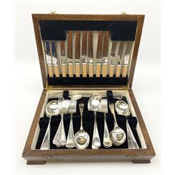 An oak cased silver plated canteen of cutlery for six, (stainless steel bladed knives).