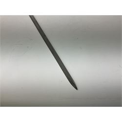 British pattern 1876 socket bayonet with 55cm triangular blade; another smaller socket bayonet; and a leather shot flask, the brass action marked Sykes (3)
