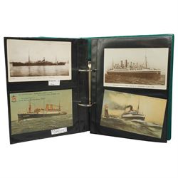 Postcard album of railway cards, another of aeroplanes and ships and an album of Stengal and other German cards
