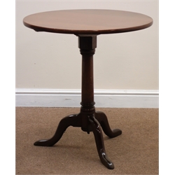  19th century and later circular oak tilt top table, raised on later turned tripod base, D66cm, H71cm  