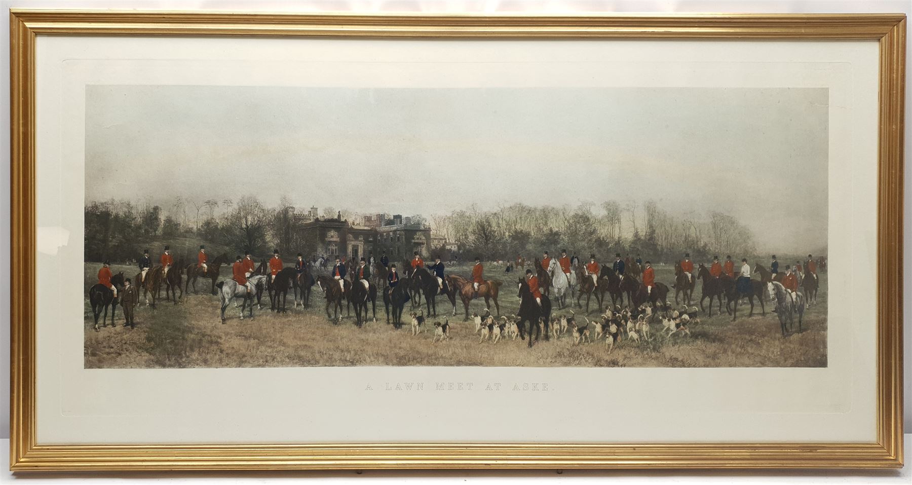 After Heywood Hardy (British 1842-1933): 'A Lawn Meet at Aske', hand-coloured lithograph 46cm x 103cm, together with a key to the riders depicted 9cm x 30cm (2)