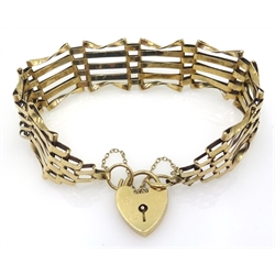  9ct gold five bar gate bracelet, hallmarked heart shape lock approx 10.9gm  