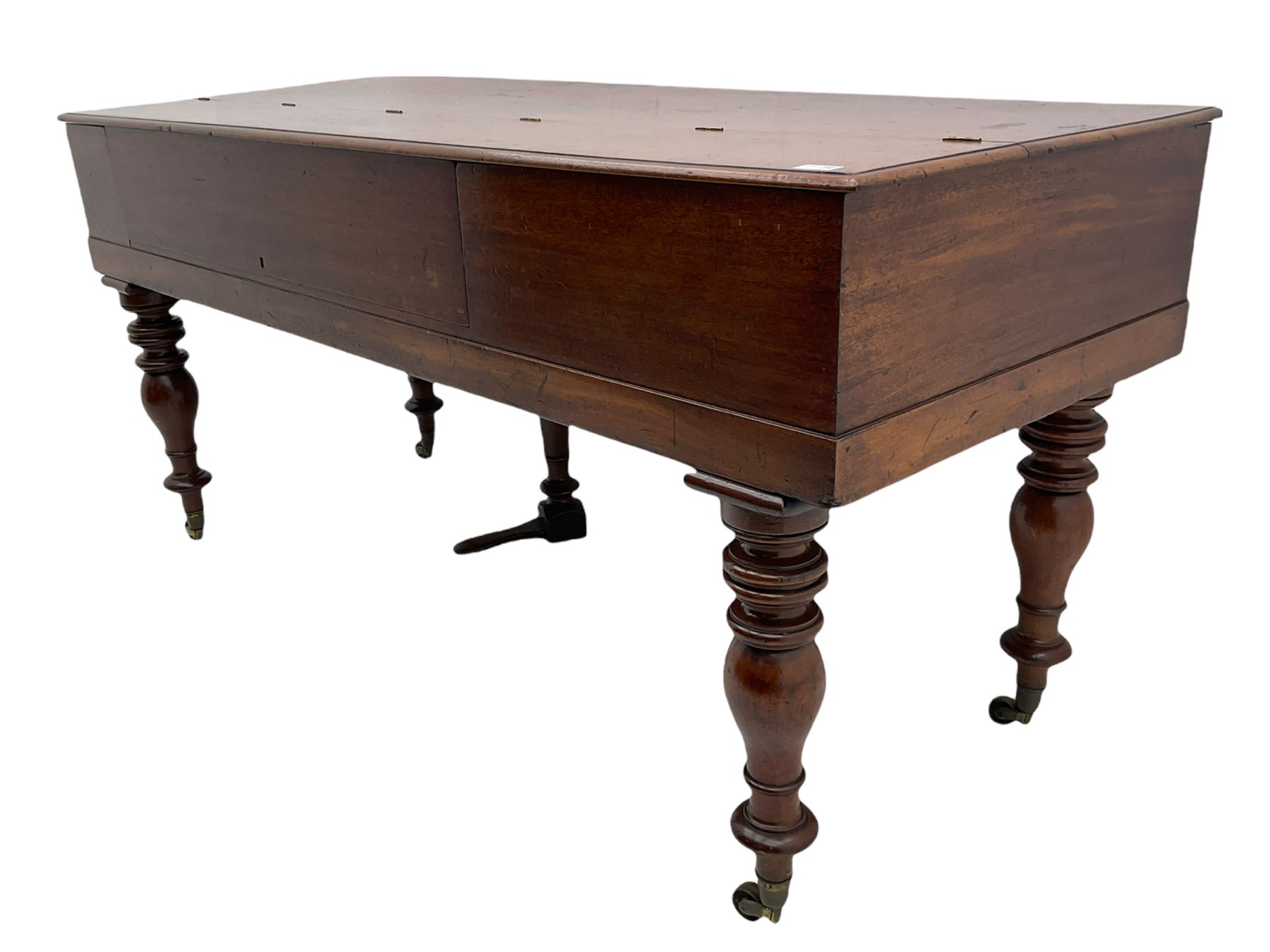 Collard & Collard - early 19th century mahogany square piano, hinged and retractable keyboard cover and lid, turned legs on brass castors