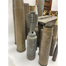 Large collection of shell and bullet casings, including a trench art example, together with a metal cartage case and wooden case