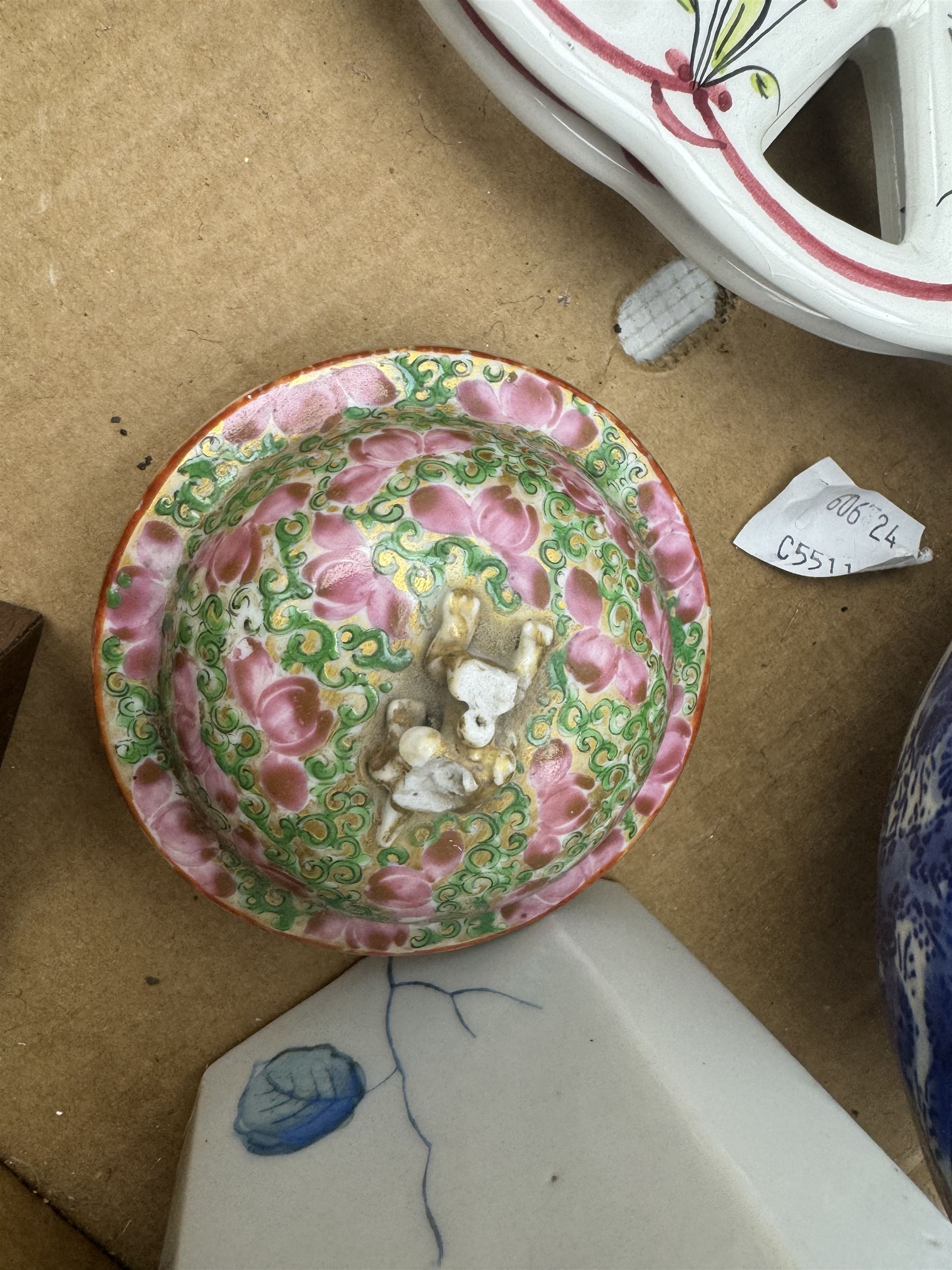 19th century figural candelabra by John Bevington, H29cm, modern Chinese vase with printed decoration, Japanese blue and white bowl, two Portuguese plates etc in one box