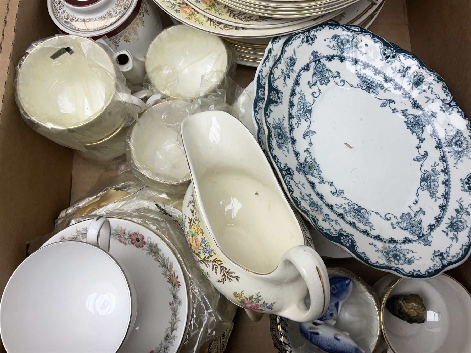 Collection of tea and dinner wares, to include Crown Clarence wares, two Maling cups and saucers, etc,  together with three Foley twin handled urns etc, in three boxes