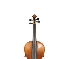 Two 19th century violins, each with two piece maple backs, ebonised wooden pegs and finger boards and modern plastic chin rests, with two bows, all contained within a modern two-violin soft case with red interior