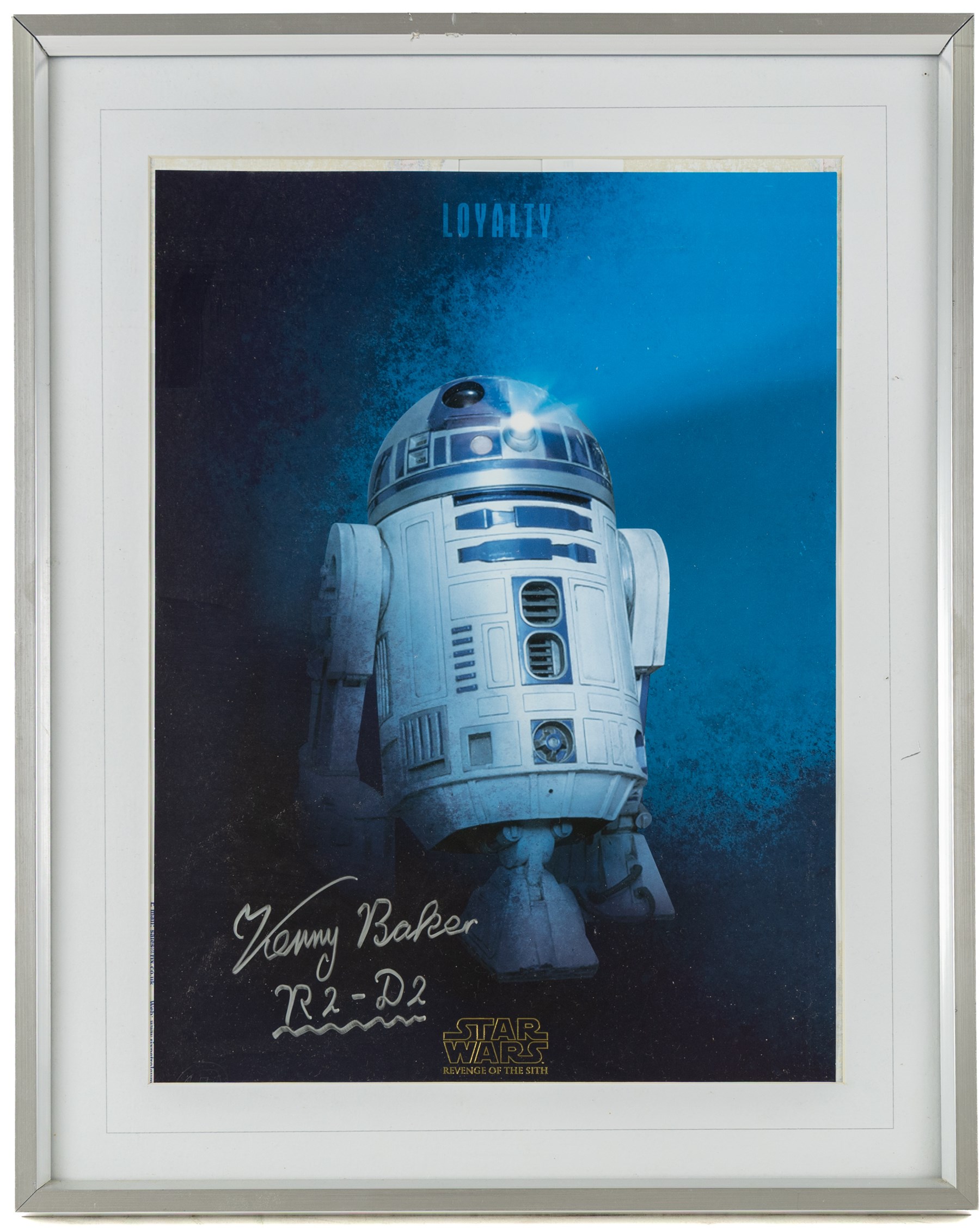 Five framed Cards Inc Star Wars Revenge of the Sith prints, comprising Mace Windu, Yoda, C-3PO, Darth Vader and R2-D2, the R2-D2 example signed by actor Kenny Baker, together with a collection of six smaller limited edition Star Wars art prints, largest H39cm (11)