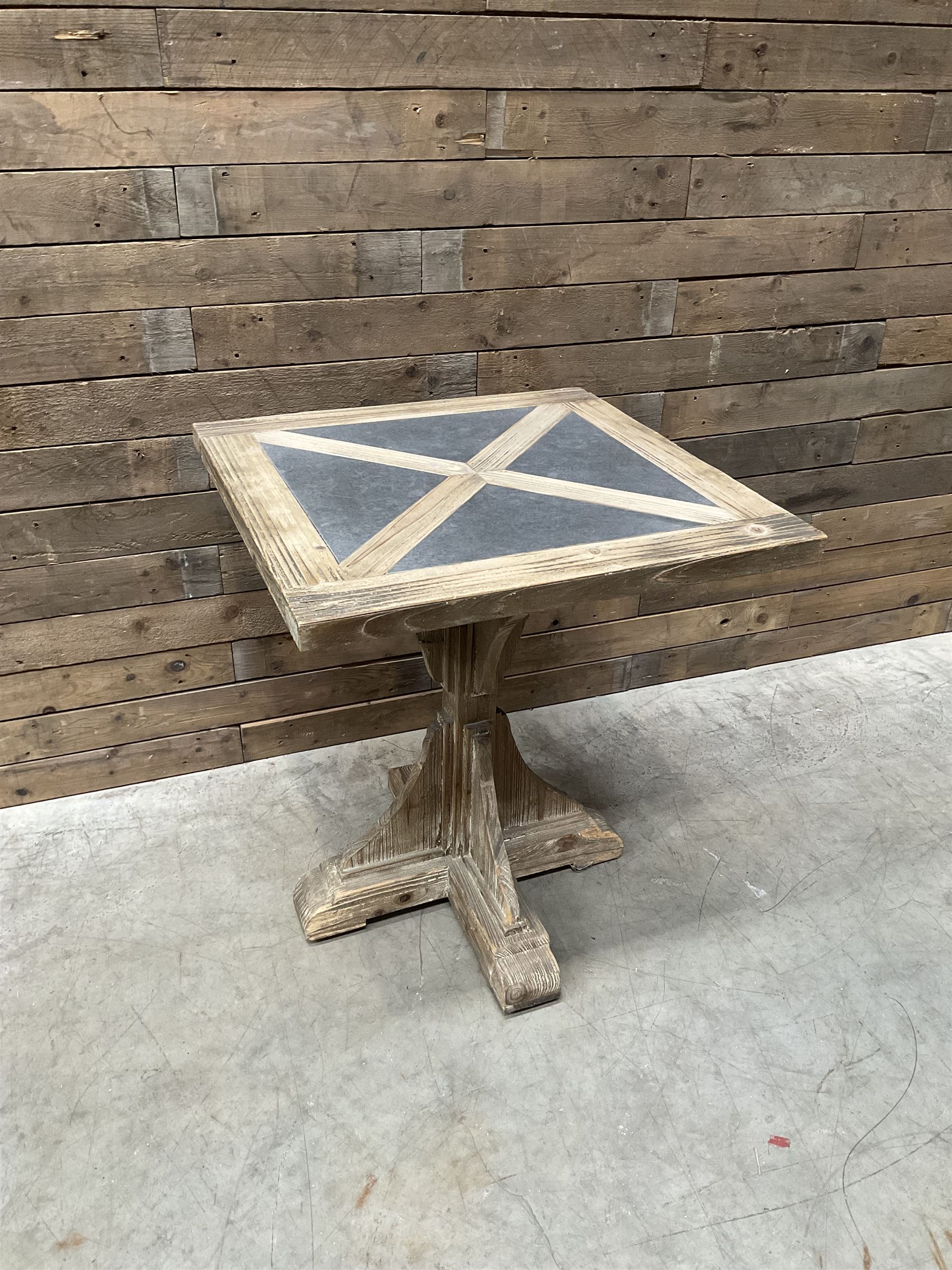 4 x Rustic square restaurant bistro table, parquetry top, X shaped base
