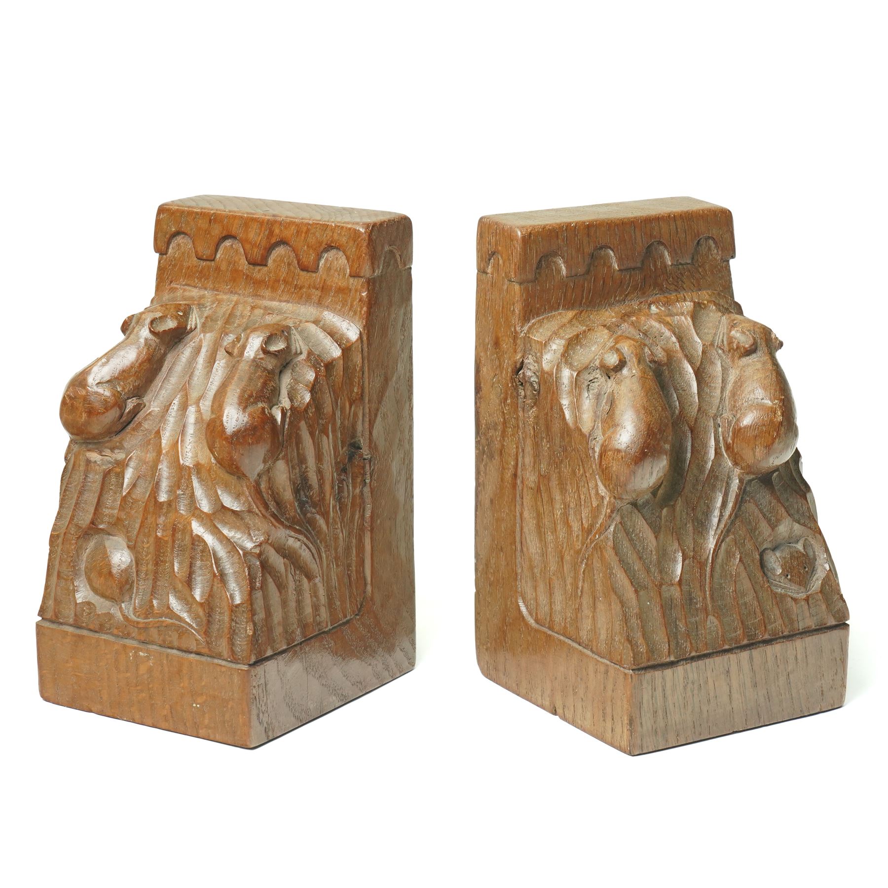 Mouseman - pair of oak triple mouse bookends, each carved and tooled with three mice, by the workshop of Robert Thompson of Kilburn H16cm