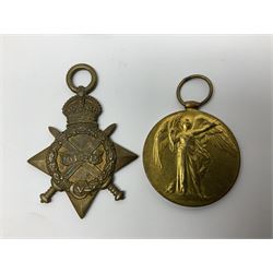 WW1 group of three medals comprising 1914-15 Star awarded to L-Cpl. W.J. Horspool R.War.R., British War Medal and Victory Medal awarded to A. Cpl. W.J. Horspool R.War.R.; WW1 British War Medal awarded to 3-8755 W.O.Cl.2. S. Paterson North'd Fus.; and hallmarked silver and enamel Northumberland Football Association Junior Cup Runners Up fob 1921-22 on silver chain (5)