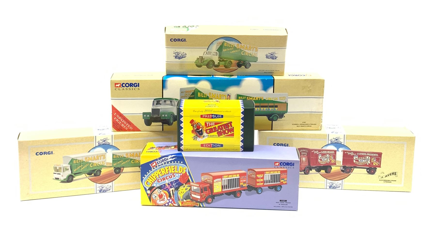 Four Corgi limited edition Billy Smart's Circus vehicles - 97300 Bedford Articulated Truck; 97891 AEC Mercury Truck & Trailer; 97897 Scammell Highwayman & Trailers; and CC02001 Premium Edition Mini Van; together with 97893 AEC Mercury Truck & Trailer for J. Ayers and 97889 AEC Cage Truck & Trailer for Chipperfields, all mint and boxed with certificate (6)