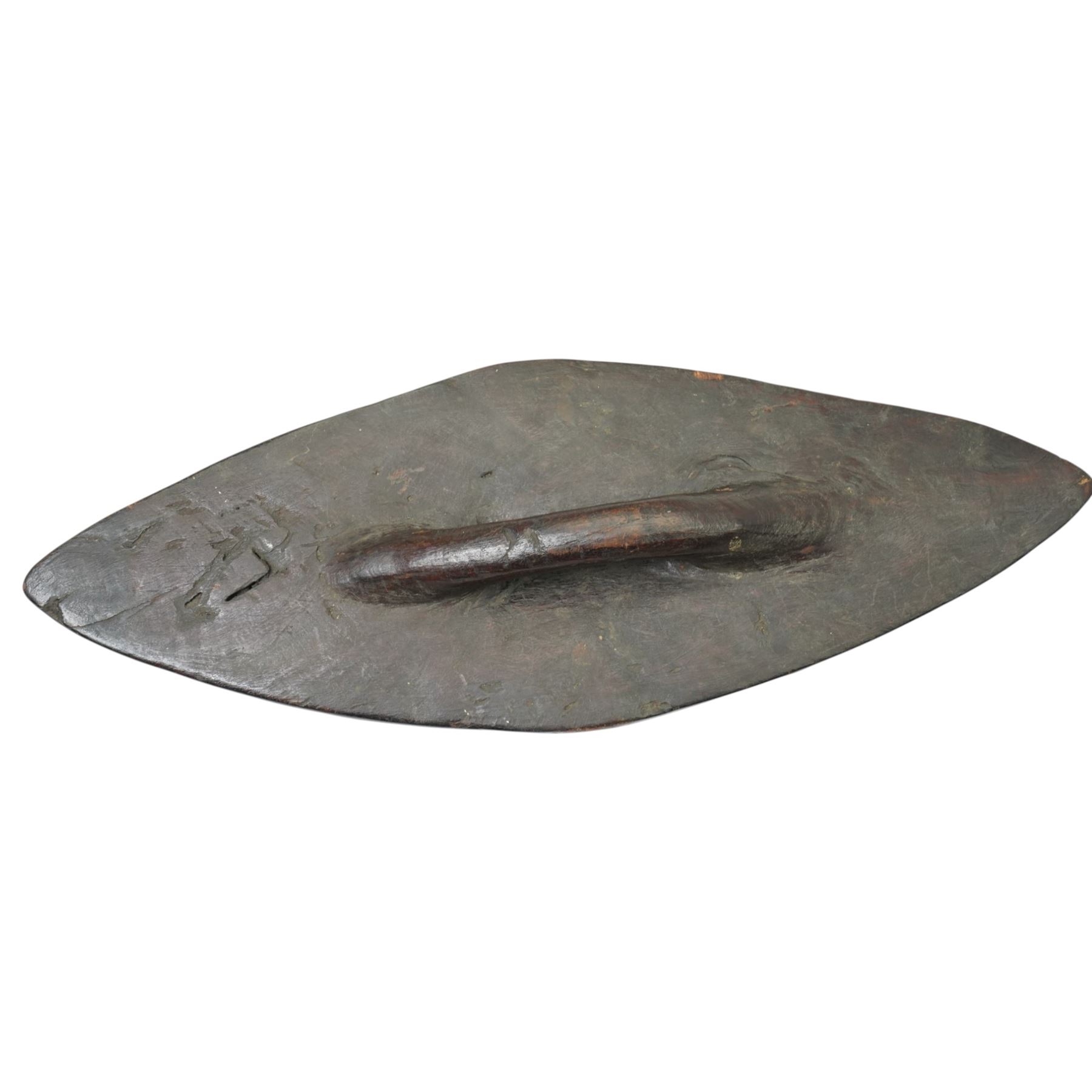 Small Aboriginal shield of navette shape L47cm, Indian powder horn and Victorian officers sword with wire wound shagreen grip and brass hilt, blade length 68cm (3)