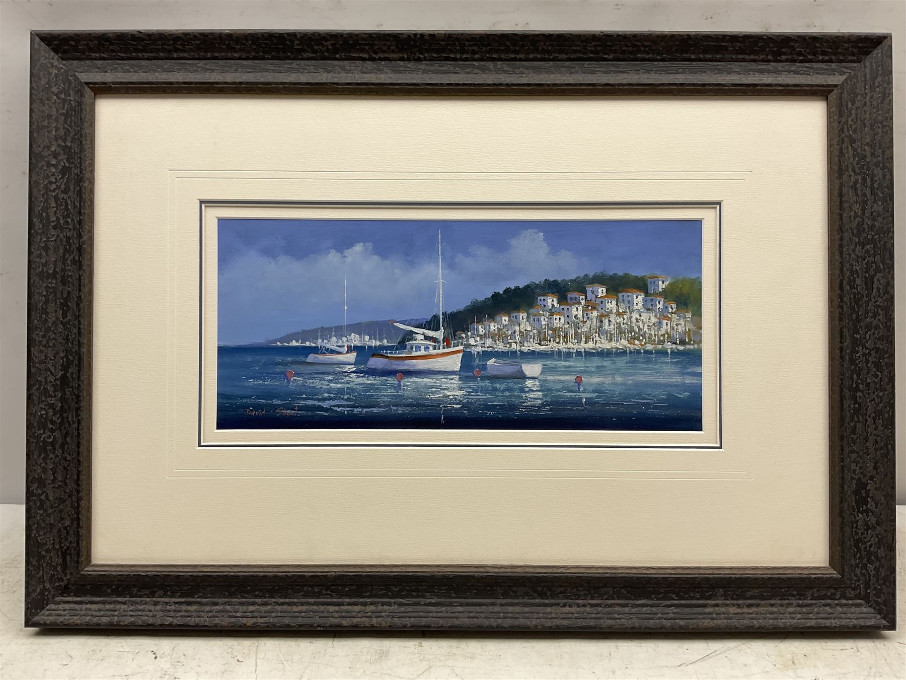 David Short (Nottingham 1940-): Yachts on the Riviera, oil on board signed 17cm x 38cm