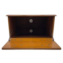 20th century walnut television stand, fall front opening as three faux drawer, enclosing fitted interior, bracket supports