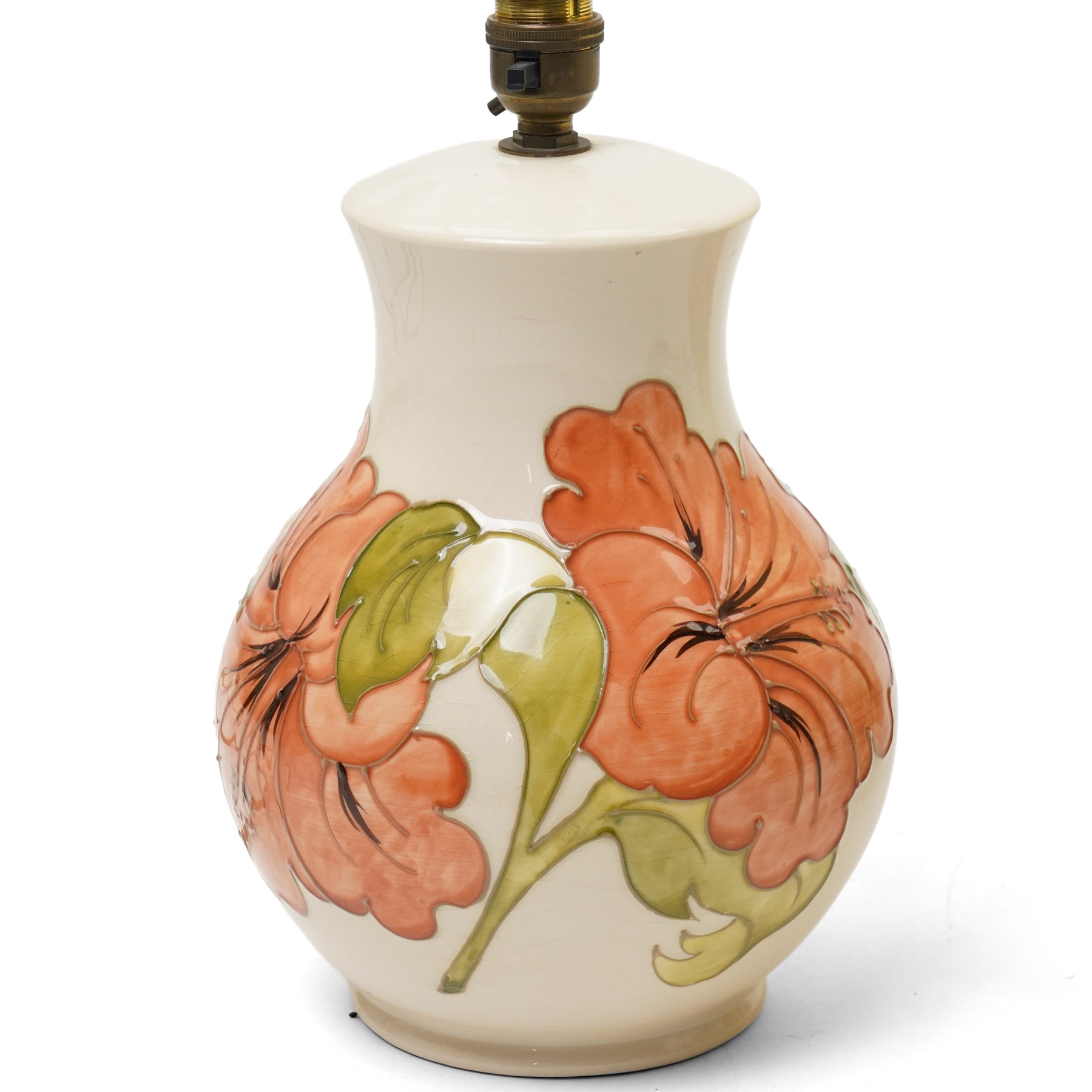 Three Moorcroft lamps in the Violet and Hibiscus patterns, two with shades, largest including shade H46 (3)
