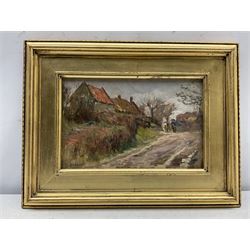 James William Booth (Staithes Group 1867-1953): Figures on Country Lane, oil on board signed 16cm x 24cm