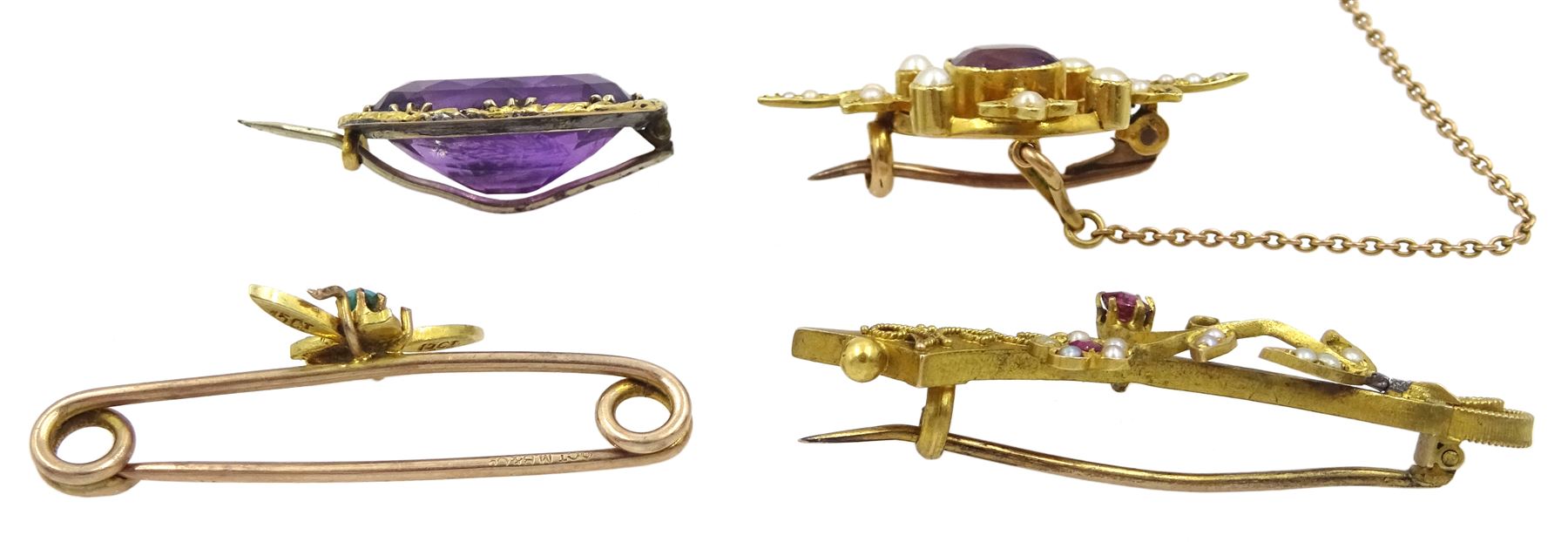 Edwardian gold amethyst and pearl brooch, turquoise and pearl bug brooch and a garnet and pearl brooch, all 15ct and one other purple stone set brooch 