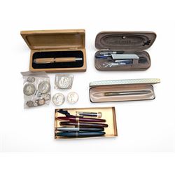 Collection of fountain pens and coins, including Parker 17 fountain pen with 14ct gold nib...
