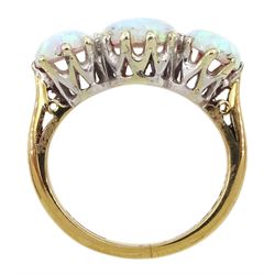 9ct gold three stone round opal ring, hallmarked 