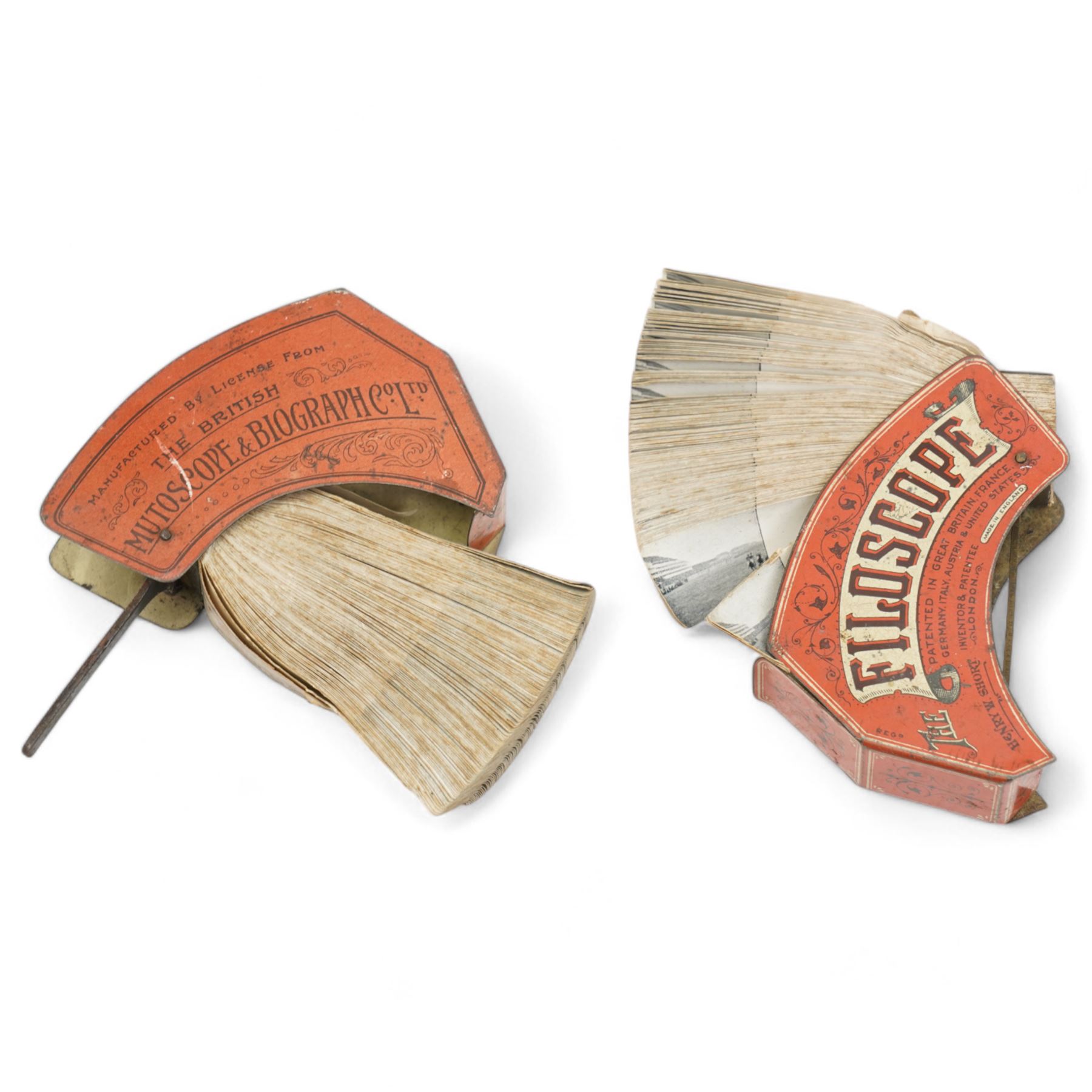 'The Filoscope' flipbook optical toy by The British Mutoscope and Biograph Co. Ltd. comprising a series of images of a horse race and another of two dancers 'Sisters Hengler', red and black litho printed case with lever operation (2)