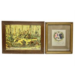 WW1 chromolithograph print of a battle scene with French and German soldiers in a wood, entitled 'De Wereldoorlog 1914-18 Slag Van Houthulst' 35 x 49cm, oak frame; and a framed WW1 regimental testimonial to 49744 Pte. E. Jagger KOYLI, gilt frame (2)