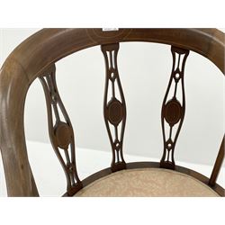 Edwardian inlaid mahogany armchair, with triple pierced and inlaid splat back, upholstered seat, square tapering supports with spade feet